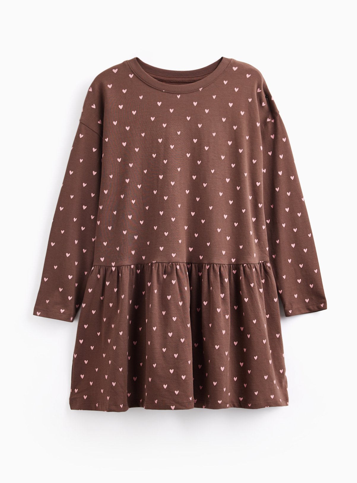 Brown Heart Print Drop Hem Jersey Dress 7-8 years - Image 1 thumbnail